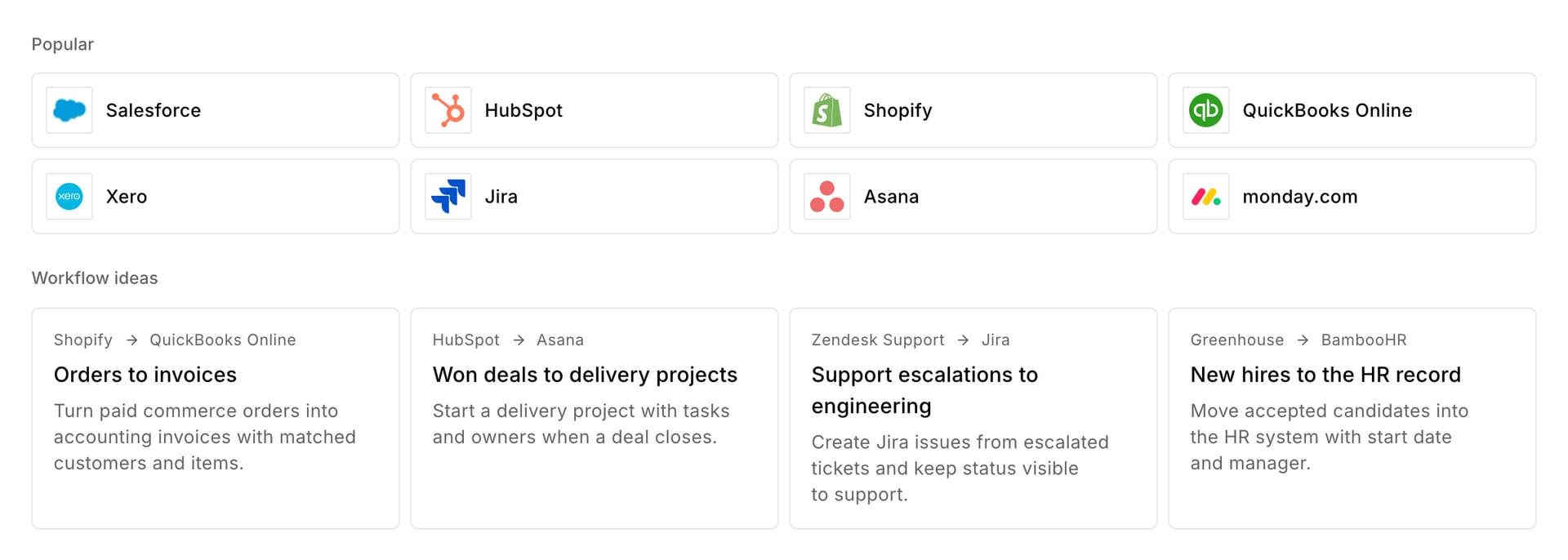 Nexra connector directory: Salesforce, HubSpot, Shopify, QuickBooks Online, Xero, Jira, Asana and monday.com, with workflow ideas such as orders to invoices and new hires to the HR record