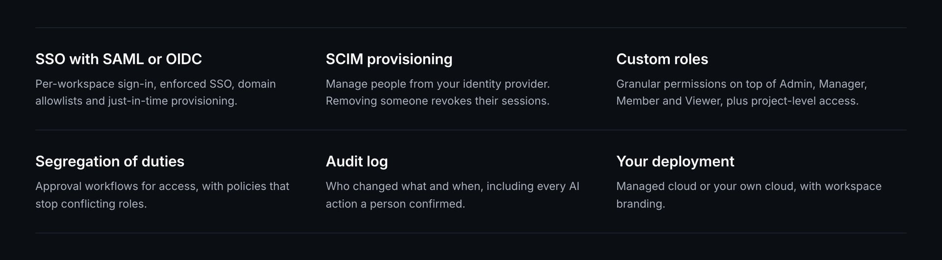 Synaptiq security and governance: SSO with SAML or OIDC, SCIM provisioning, custom roles, segregation of duties, audit log and your choice of deployment